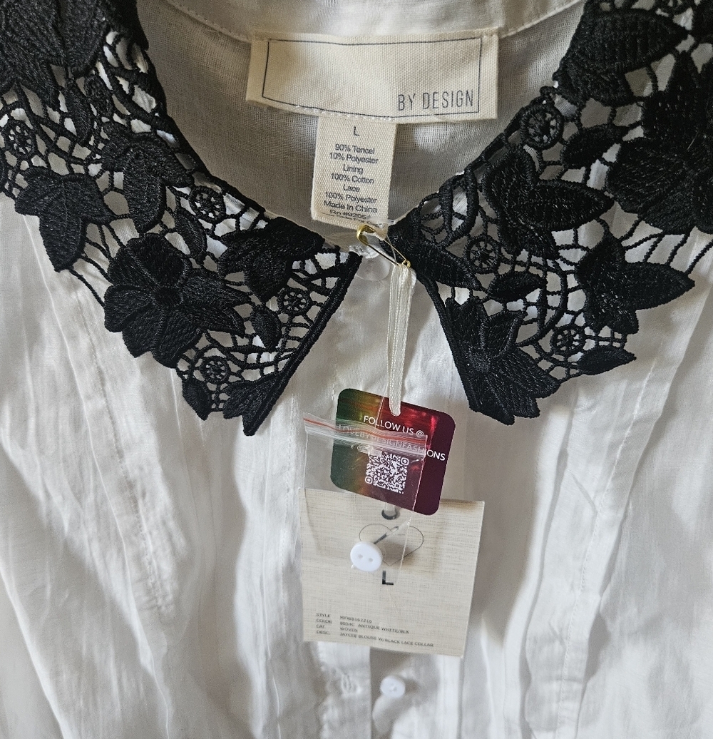 By Design Jaycee Lace Collar Button-Up Blouse Women L** - Picture 6 of 8